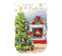 Words 'n' Wishes Neighbours Fireplace And Christmas Tree Christmas Card, Multi Coloured, 20.3 x 13.4 cms