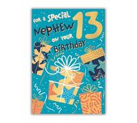 Words 'n' Wishes Nephew 13th Birthday Card, Multi-Coloured Present Design, 23.5 x 16.5 cm