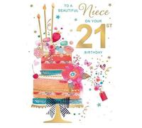 Words 'n' Wishes Niece 21st Birthday Card, Gold Foil Finish, Floral Cake Design