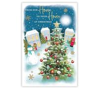 Our House to Your House Christmas Card - Decorated Tree and Snowman - Artistic Festive Design - Special Finish - Made in the UK - Eco-Friendly