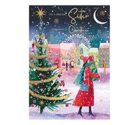 Words 'n' Wishes Sister Female Figure Carrying Presents Down A Snow Covered Road Christmas Card, Multi Coloured, 22 x 15.8 cms