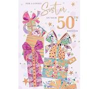 Words 'n' Wishes Sister's 50th Birthday Card, Rose Gold Foil Finish, Presents Design