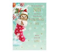 WORDS 'N' WISHES Son 1st Christmas Cute Baby Hedgehog Sat In A Stocking Christmas Card, Multi Coloured, 22 x 15.8 cms