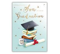 Words 'n' Wishes Son Graduation Congratulations Card - 'Let The Adventures Begin!' Mortarboard Hat, Books & Certificate Embossed with Foil Details - Eco-Friendly - Made in Great Britain