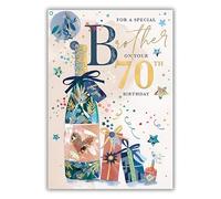 Words 'n' Wishes Special Brother 70th Birthday Card - Happy Birthday Card for Men Age 70 with Contemporary Star and Presents Design with an Embossed Foil Finish