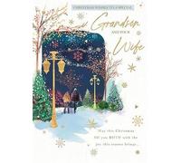 Words 'n' Wishes Special Grandson and Wife Christmas Card, Gold Foil Finish, Winter Scene Design