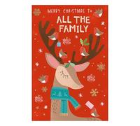 Words 'n' Wishes To All The Family Cute Reindeer With Robins On Antlers Christmas Card, Multi Coloured, 20.3 x 13.4 cms