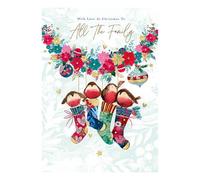 Words 'n' Wishes To All The Family Wreath With Hanging Stockings And Robins Christmas Card, Multi Coloured, 22 x 15.8 cms