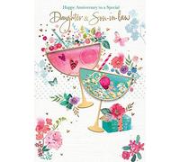Words 'n' Wishes Wedding Anniversary Card for 'Special Daughter & Son-In-Law' - Gin Glasses and Flowers with Embossed Gold Foil and Cut Out Detail - Handcrafted - Made in Great Britain