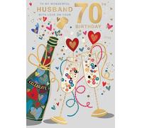 Words 'n' Wishes Wonderful Husband 70th Birthday Card - Happy Birthday Card for Men Age 70 with Artistic 'Celebrate' Champagne and Hearts Design with an Embossed Foil Finish