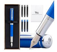 Wordsworth and Black Fountain Pen Mini EDC: Luxury Blue Heavy Pocket Pen, Chrome Finish, Medium Nib, 6 Ink Cartridges, Ink Converter, Travel Refillable Writing Pen Gift Set, Men & Women