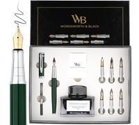 Wordsworth & Black Calligraphy Pen Gift Set, Includes Ink Bottle, 6 Ink Cartridges, A Refill Converter, 6 Replacement Nibs, Journaling, Smooth Writing Pens [Green Chrome]