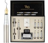 Wordsworth & Black Calligraphy Pen Gift Set, Includes Ink Bottle, 6 Ink Cartridges, A Refill Converter, 6 Replacement Nibs, Premium Package, Journaling, Smooth Writing Pens [Silver Chrome]