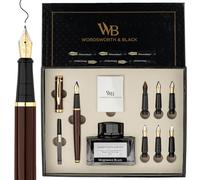 Wordsworth & Black Calligraphy Pen Gift Set, Includes Ink Bottle, 6 Ink Cartridges, A Refill Converter, 6 Replacement Nibs, Journaling, Smooth Writing Pens [Brown Gold]
