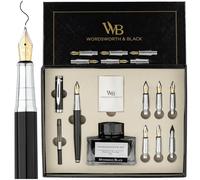 Wordsworth & Black Calligraphy Pen Gift Set, Includes Ink Bottle, 6 Ink Cartridges, A Refill Converter, 6 Replacement Nibs, Journaling, Smooth Writing Pens [Black Chrome]