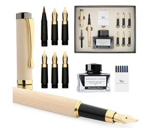 Wordsworth & Black Calligraphy Pen Gift Set, Includes Ink Bottle, 6 Ink Cartridges, Ink Refill Converter, 6 Replacement Nibs, Luxury Bamboo, Journaling, Smooth Writing Pens [Maple Wood]