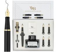 Wordsworth & Black Fountain Pen Gift Set, Includes Ink Bottle, 6 Ink Cartridges, A Refill Converter, 4 Replacement Nibs, Premium Package, Journaling, Calligraphy, Smooth Writing Pens [Black Gold]