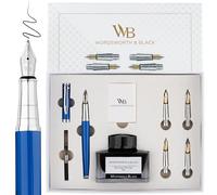 Wordsworth & Black Fountain Pen Gift Set, Includes Ink Bottle, 6 Ink Cartridges, A Refill Converter, 4 Replacement Nibs, Premium Package, Journaling, Calligraphy, Smooth Writing Pens [Blue Chrome]