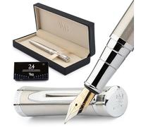 Wordsworth & Black Fountain Pen Set, 18ct Gold Fine Nib, Includes 24 Ink Cartridges, Ink Refill Converter & Gift Box, Gold Finish, Calligraphy [Chrome Silver]