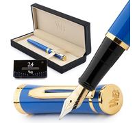 Wordsworth & Black Fountain Pen Set, 18K Gilded Fine Nib, Includes 24 Pack Ink Cartridges, Ink Refill Converter & Gift Box, Gold Finish, Calligraphy, [Imperial Blue], Perfect for Men & Women