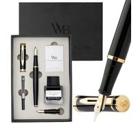 Wordsworth & Black Fountain Pen Set,18K Gilded Medium and Extra Fine Nib,25MLBlack Ink Bottle,6 Ink Cartridges,Refill Converter,Gift Box,Smooth Writing Pens [Black Gold],Gift Set for Men and Women