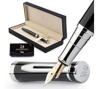 Wordsworth & Black Fountain Pen Set, Extra Fine Nib, Includes 24 Ink Cartridges and Ink Refill Converter Gift Box, Journaling, [Black Chrome]