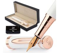 Wordsworth & Black Fountain Pen Set for Writing,Medium Nib, White Rose Gold | Gift for Men & Women, Brass Body, 18K German Iridium, Calligraphy, Converter + 24 Ink Cartridges, Refillable, Cartridge Pen