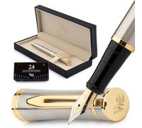 Wordsworth & Black Luxury Fountain Pen Set for Writing, Fine Nib, Silver | Gift for Men & Women, Brass Body, 18K German Iridium, Calligraphy, Converter + 24 Ink Cartridges, Refillable, Cartridge Pen