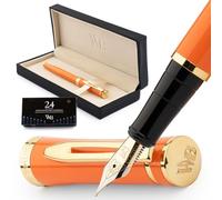 Wordsworth & Black Luxury Fountain Pen Set for Writing, Medium Nib, Orange | Gift for Men & Women, Brass Body, 18K German Iridium, Calligraphy, Converter + 24 Ink Cartridges, Refillable, Cartridge Pen
