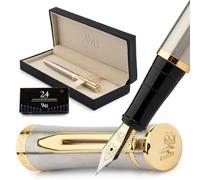Wordsworth & Black Luxury Fountain Pen Set for Writing, Medium Nib, Silver | Gift for Men & Women, Brass Body, 18K German Iridium, Calligraphy, Converter + 24 Ink Cartridges, Refillable, Cartridge Pen