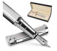Wordsworth & Black Luxury Fountain Pen Set for Writing, Medium Nib, Silver | Gift for Men & Women, Brass Body, 18K German Iridium, Calligraphy, Converter + 24 Ink Cartridges, Refillable, Cartridge Pen