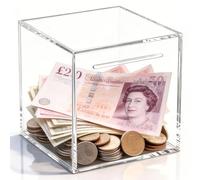 WORHE Acrylic Bank, Square, Clear Acrylic Material, No Removable, 12 x 12 x 12 cm, Small Savings Jar, Holds Cash and Coins, Ideal for Savings, Birthday, (RB001)