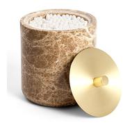 WORHE Marble Qtip Holder with Brass Cover for Cottons Swabs, Cotton Pads, Dental Floss Picks, for Bathroom Essentials Decoration, Dressing Table, Cosmetics, Storage Organizer, Light Brown