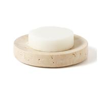 WORHE Marble Soap Dishes Natural Travertine Stone Sponge Holder for Bathroom Tub Shower Kitchen Sink, Handcraft Round Soap Case Trinket Plate Jewelry Tray Coaster for Home Decor Color Beige (WH046)