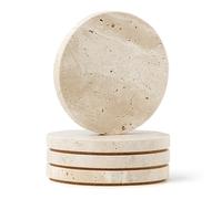 WORHE Natural Travertine Marble Coasters Set of 4-4" Round Stone Drink Coasters, Non-Slip Cork Backing, Housewarming Gift, Wedding, Protect Tables from Stains & Scratches (BD140)