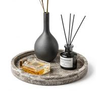 WORHE Round Marble Vanity Tray, Gray Travertine,Natural Marble Stone 24cm D