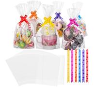 woric 60 PCS Cellophane Bags, 8 x 12 Inch Clear Sweet Bags with Ties & Bows Flat Bottom OPP Plastic Gift Bag for Sweets Treats