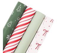 woric Christmas Wrapping Paper - Jumbo Roll Cute Sage Green White Bows Snowman and Red Stripes Design Gift Wrapping Paper for Holiday - 4 Rolls - 30 Inch x 120 Inch Per Roll