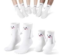 Worive 2Pairs Smile Family Magnetic Hand Holding Socks Kids + Adult Hand in Hand Funny Gag Gifts for Birthday Anniversary, White:adult(1pair)+ M-kids(1pair), 4-5T