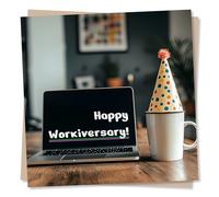 Work Anniversary Card, Funny - Workiversary for Colleague, Co-worker | for Him, Her, Men, Women, Boss, Employee, Manager - from All of Us, the Team - Laptop, Mug - Blank Inside, with Envelope