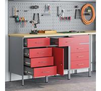 Work Cabinet Red/Grey 150x55x85cm Engineered Wood & Steel Pro+ 9 Drawers, Lock