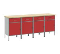 Work Cabinet Red Grey 200x55x85cm Engineered Wood & Steel 4pc Drawer Lock Heavy