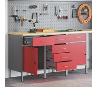 Work Cabinet Red Grey 75x45x85cm Engineered Wood Steel 2 Drawer 4 Wheels CamLock