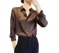 Work Clothes for Women Women's Satin Shirts Elegant Dressy Long Sleeve V-Neck Button Down Collared Blouse Daily Business Office Work Formal Tops Fashion High Low Hem Long Shirt UK 2026 Coffee