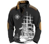 Work Jumper Men's Sweat Jacket Costume Pullover with Sailing Ship Print Viking Long Sleeve Jumper with Elbow Patch Winter Buttons Long Sleeve Shirt Outdoor Loose Tops Sports Tops, O Black, L