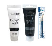 Work of Art Acrylic Paint Set - 120ml Titanium White & Charcoal Black - Non-Toxic Artist Paint with 3 Centrum Brushes - for Canvas, Paper, Crafts, Kids & Beginners