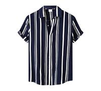 Work Out Striped Top for Men Blouse 2025 Male Summer Hawaii Striped Cuban Collar Shirt Short Sleeve Button Shirt Blouse Big and Tall T Shirts for Men 3xlt (Navy, XL)