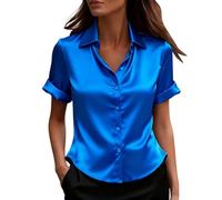 Work Outfits for Women UK Plus Size Summer Short Sleeve Button Down Collared Satin Silk Blouses & Shirts Casual Business Office Wear Professional Job Interview Clothes for Women UK Blue