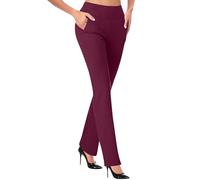 Work Pants for Women UK 2024 Ladies High Elasticated Waist Smart Stretch Trousers Straight Leg Tummy Control Bootleg Slacks with Pockets Athletic Workout Business Leggings Yoga Pant (Red #2, M)