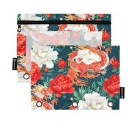 Work Pencil Pouch for 3 Ring Binder Zipper Binder Pencils Bags Soft Clear Binders Pen Case School Chinese Dragon Red White Peonies 9.8" x 7.1", 2 Packs